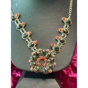 Kingman Black Stallion Turquoise & Italian Red Coral Sterling Naja Necklace